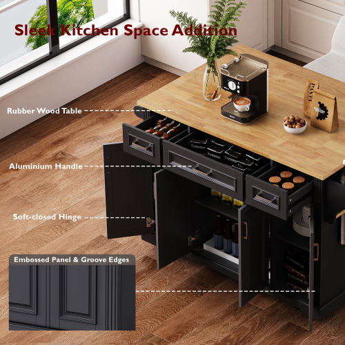 54 Inch Rolling Kitchen Island with Drop Leaf Drawers & Wheels Black