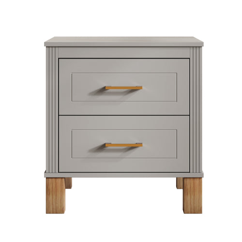 Gray Fluted Nightstand, 2-Drawer Bedside Table with Metal Handles & Solid Wood Legs