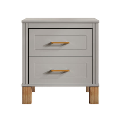 Gray Fluted Nightstand, 2-Drawer Bedside Table with Metal Handles & Solid Wood Legs