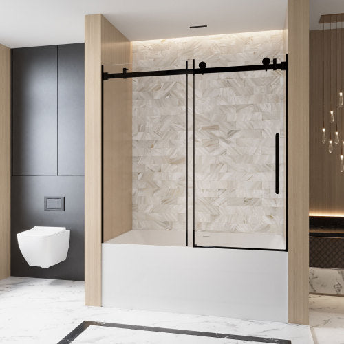 Frameless Single sliding shower door 56-60 "W x 60" H, 1/4 "(6 mm) Clear Tempered Glass, Explosion Proof Film, Stainless Steel Handle,Square Tube Track ,Matte Black