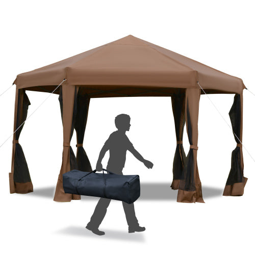 Outsunny 13' x 11' Hexagonal Pop Up Gazebo, Heavy Duty Outdoor Canopy Tent with 6 Mesh Sidewall Netting, 3-Level Adjustable Height and Strong Steel Frame, Brown