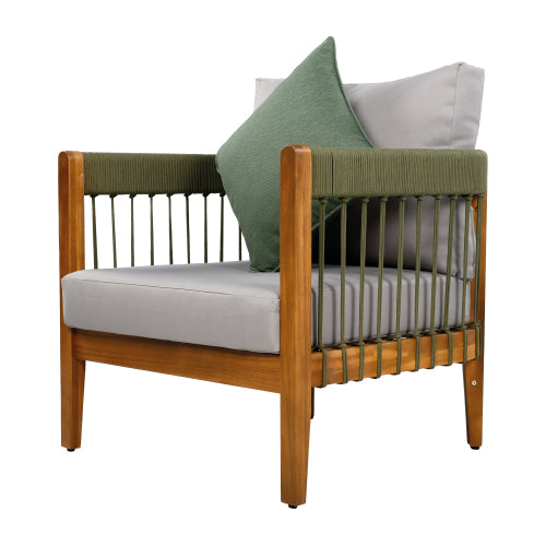 [Set of 2] Acacia Wood Outdoor Club Chair with Handwoven Rope Accents & Curved Backrest - Water-Resistant Boho Patio Lounge Chair with Removable Cushions for Porch, Garden