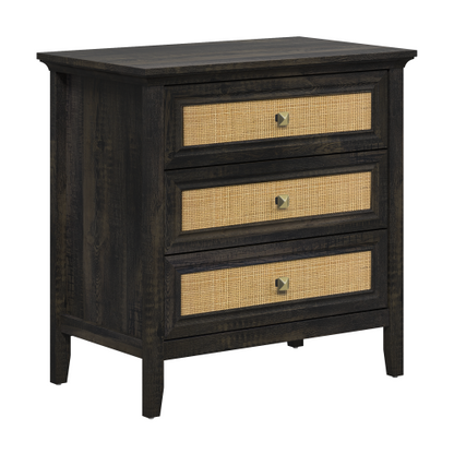 Dark Rustic Oak 3-Drawer Rattan Farmhouse Dresser Nightstand