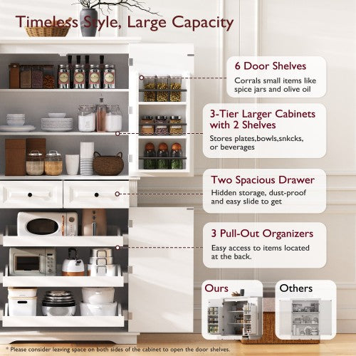71inch  Farmhouse Pantry Cabinet with Pull-Out Organizers White