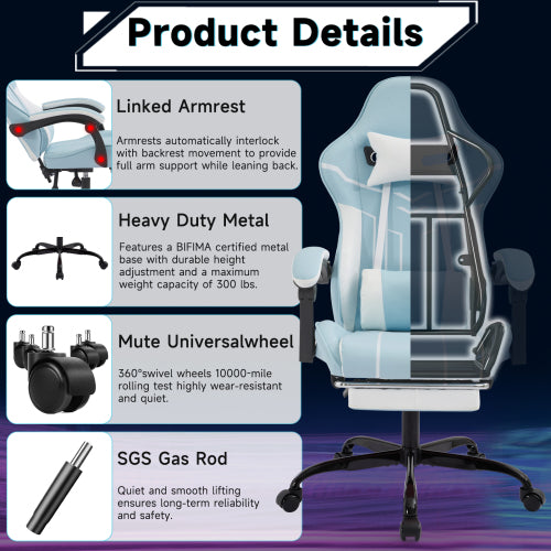 Gaming chair, Computer Chair Ergonomic Chair with Footrest Office Chair Ergonomic Computer Chair with Lumbar Backrest Bluewhite