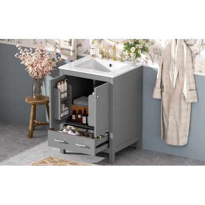24-inch bathroom vanity with integrated undermount basin and a storage cabinet featuring 2 doors and 1 drawer. Includes double-layer door shelf, soft-close design, and versatile storage solutions