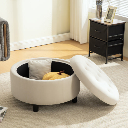 29.33 inch Beige Fleece Round Storage Ottoman, Hand Buckle Decor Reversible Lid Footstool, 300 LBS