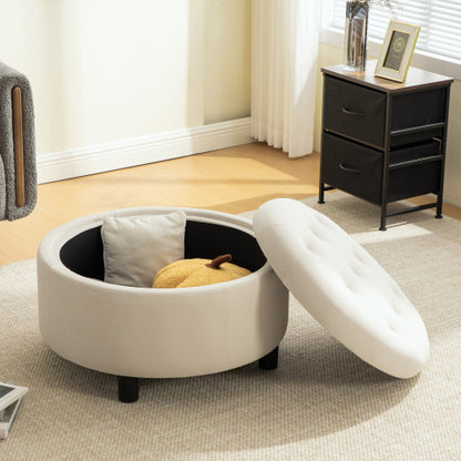 29.33 inch Beige Fleece Round Storage Ottoman, Hand Buckle Decor Reversible Lid Footstool, 300 LBS