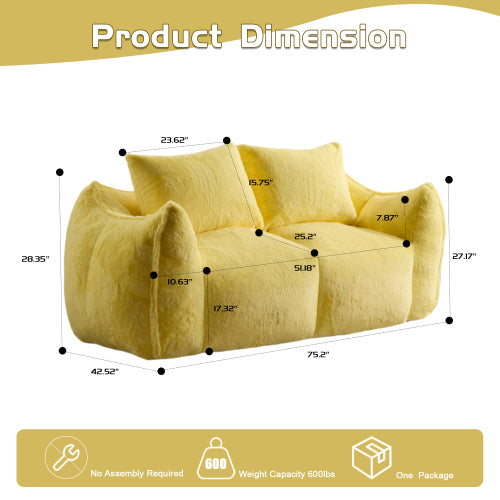 Yellow Oversized 2-Seater Fluffy Rabbit-Fabric Bean Bag Sofa with Pillows