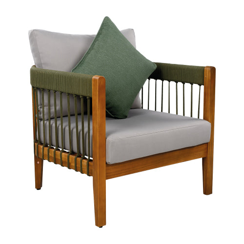 Acacia Wood Outdoor Club Chair with Handwoven Rope Accents & Curved Backrest - Water-Resistant Boho Patio Lounge Chair with Removable Cushions for Porch, Garden