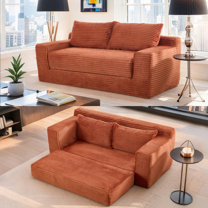 56-Inch Orange Corduroy Memory-Foam Compression Loveseat Sofa-Bed
