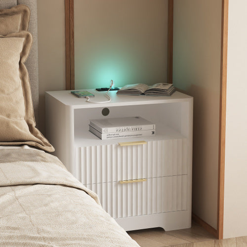 Smart Wooden Nightstand, Voice Control Night Light & Multi-Port Charging Station