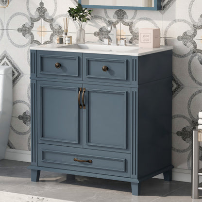 30'' Bathroom Vanity with Ceramic Sink,Solid Wood Frame Bathroom Storage Cabinet with Soft Closing Doors,Retro Style, Blue