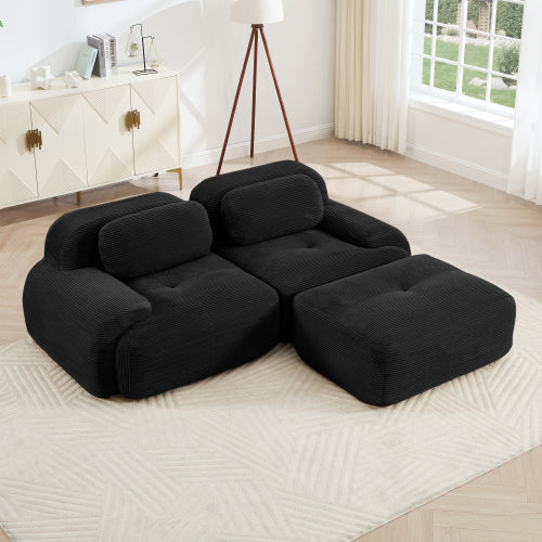 82-Inch Black Corduroy L-Shaped Modular Sectional Sofa Curved Armrest No-Assembly