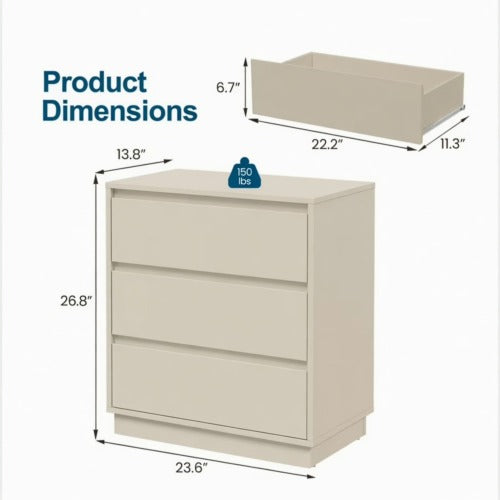23.6inch Wide 3 Drawer Modern Nightstand, Beige Storage Bedside Table with Soft Close Drawers