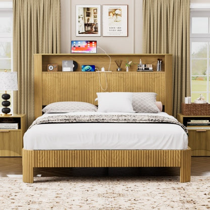 Queen Size bed frame with storage headboard, built-in charging station, wavy curved lines design, silent operation, metal support, Natural