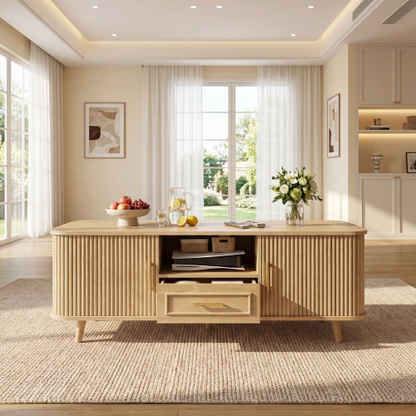 Mid-Century Modern Natural Wood Coffee Table with Tambour Doors & Multi Storage Compartments