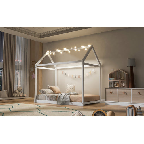 Twin Size Wooden House Bed, White