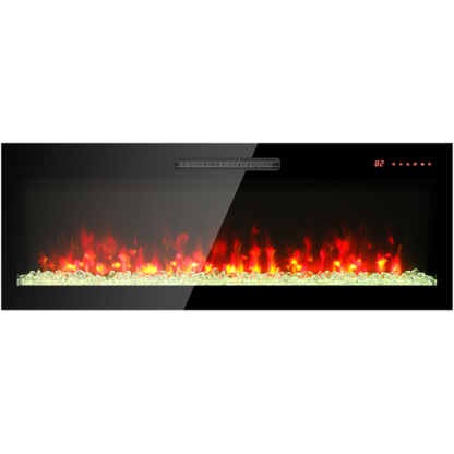 50 inch recessed ultra thin tempered glass front wall mounted electric fireplace with remote and multi color flame & emberbed, LED light heater