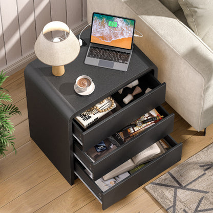 Black Smooth 3-Drawer Nightstand with USB Charging Station, Mid-Century Bedside Table