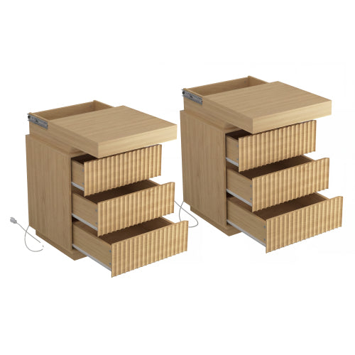 2 Pack Natural Nightstand, Sliding Top Charging Station & RGB LED with Fluted Drawers