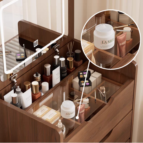 (60cm) 3 in 1 Vanity Desk with Plip Top Mirror, Small Make Up Vanity Set with Visible Glass Desktop, Compact Makeup Vanity with 3 Drawers, Dressing Table for Bedroom (Walnut Color)