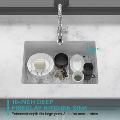 27"x19"x10" Undermount Single Bowl Fireclay Kitchen Sink - Dual Mount White Porcelain Fireclay Rectangular Deep Single Bowl Sink Basin