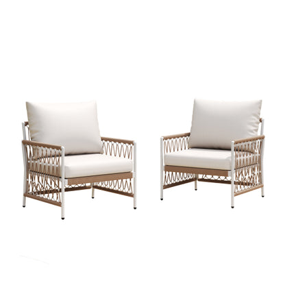[Set of 2] Bohemian Outdoor Lounge Chair with Handwoven Rope & Powder-Coated Steel Frame, Waterproof Cushions - Patio, Garden, Poolside
