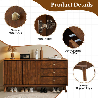 56 Inch Walnut Brown Mid Century TV Stand Sideboard with 3 Drawers & Double Door Storage Cabinet