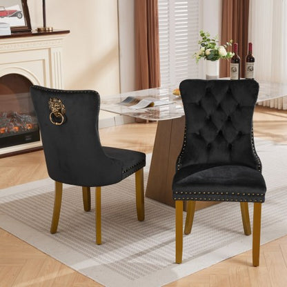 Set of 2 Black Velvet Mid-Century Dining Chairs, Lion Head Pull Ring Golden Solid Wood Legs 280lbs Capacity