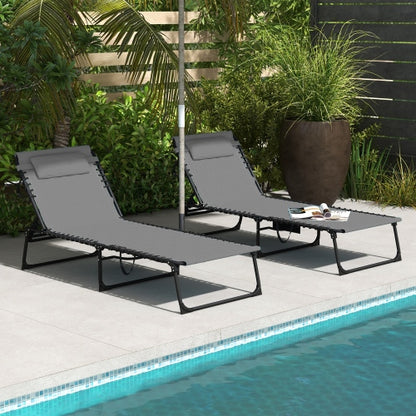Outsunny Folding Chaise Lounge Set with 5-level Reclining Back, Outdoor Lounge Tanning Chair with Padded Seat, Side Pocket & Headrest for Beach, Yard, Patio, Gray