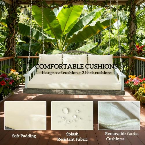 Outdoor Patio Porch Swing Bench with Cup Holders, Cushions 3 Person Wicker Hanging