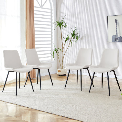 Faux Leather Dining Side Chair with Curved Seat and Metal Legs, White/Black