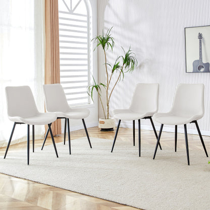 Faux Leather Dining Side Chair with Curved Seat and Metal Legs, White/Black