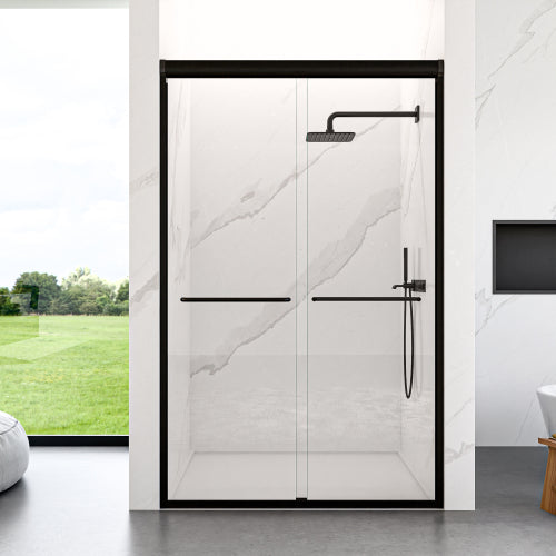 44"-48"W*72" H Semi-Frameless Double Sliding Shower Door, Bypass Shower Door, 1/4" (6mm) Thick SGCC Tempered Glass Door, Matte Black