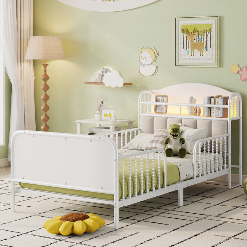 Twin Size Metal Platform Bed Frame with Light, Kids Twin Metal Bed with Upholstered and Storage Headboard, White