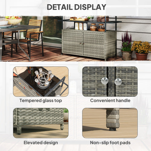 Wicker Outdoor Bar Table with 2-Tier Shelf & Cabinet, Mixed Gray