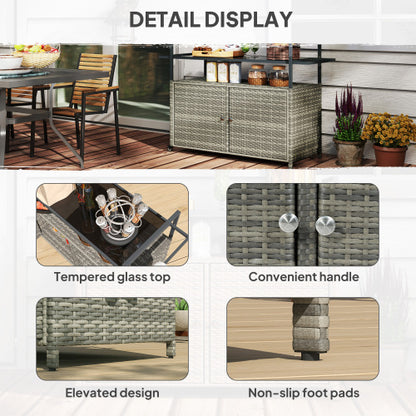 Wicker Outdoor Bar Table with 2-Tier Shelf & Cabinet, Mixed Gray