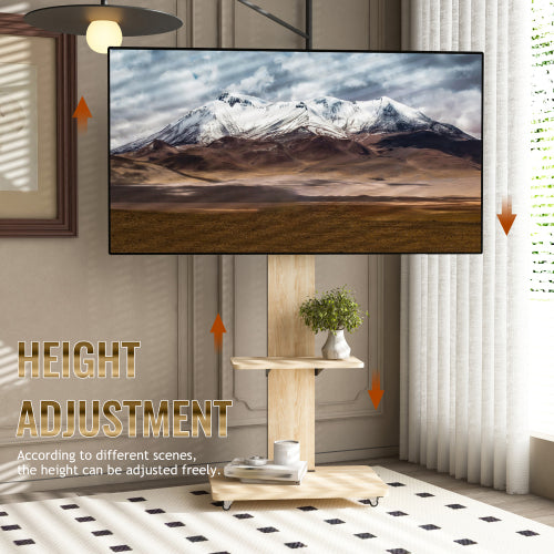 Natural Mobile TV Cart with Lockable Wheels, Height Adjustable Floor TV Stand for 32-75 Inch TV