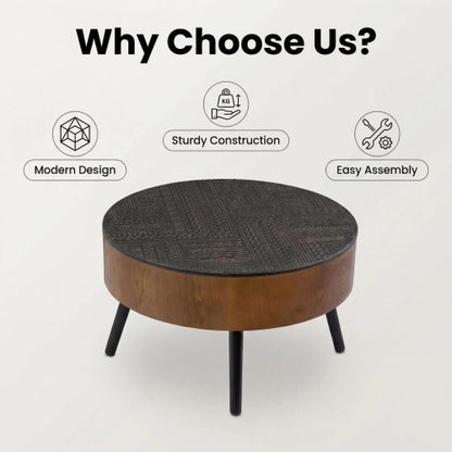 31.5inch  Round Carved Coffee Table, Black & Brown