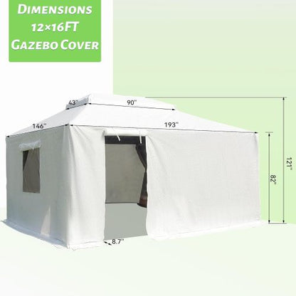 12'x16' Gazebo Cover for Hardtop Gazebos, Outdoor Universal Winter Gazebo Cover with Sidewalls and Mesh Windows, All Season Waterproof Enclosed Gazebo Cover, White