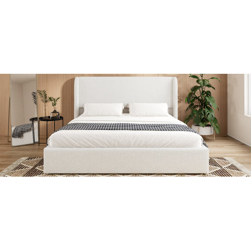Queen Size Boucle Bed Frame, Upholstered Cloud Bed Frame with Headboard, Solid Wood Legs and Slats, No Box Spring Needed, White