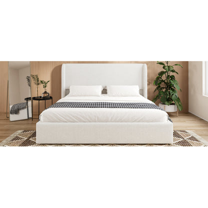 Queen Size Boucle Bed Frame, Upholstered Cloud Bed Frame with Headboard, Solid Wood Legs and Slats, No Box Spring Needed, White