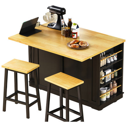 48inch Kitchen Island with 2 Bar Stools, Power Outlet, Internal Storage Rack, Kitchen Storage Cart on 5 Wheels with Drop Leaf, 5 Open Side Racks, Drawers, Black (Old SKU N707S000015B)(Three Packages)