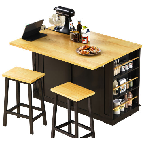 48inch Kitchen Island with 2 Bar Stools, Power Outlet, Internal Storage Rack, Kitchen Storage Cart on 5 Wheels with Drop Leaf, 5 Open Side Racks, Drawers, Black (Old SKU N707S000015B)(Three Packages)