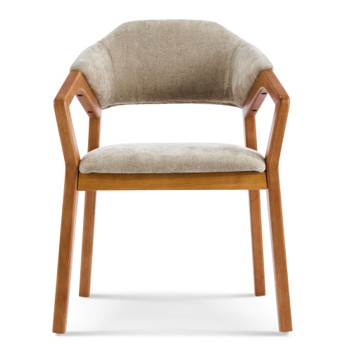 Set of 2 Oatmeal Chenille Dining Armchairs with Bent Wood Frame, Upholstered Dining Chairs