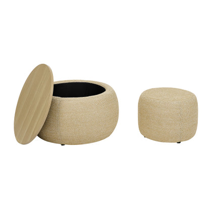 Natural Rattan Fabric Round Storage Ottoman with Inner Stool, 2 in 1 Footrest & Side Table, 25 inch x25 inch x14.7 inch