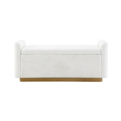 49 Inch Beige Storage Ottoman Bench, Chenille Upholstered Entry Bench with Safety Hinge, 350 LBS Capacity Wood & Gold Metal Frame