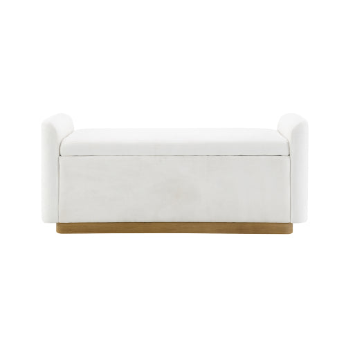 49 Inch Beige Storage Ottoman Bench, Chenille Upholstered Entry Bench with Safety Hinge, 350 LBS Capacity Wood & Gold Metal Frame