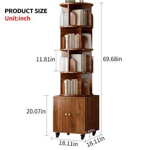 Walnut 5-Tier Rotating Bookshelf with Closed Drawer, Retro Solid Wood Narrow Corner Home Book Organizer